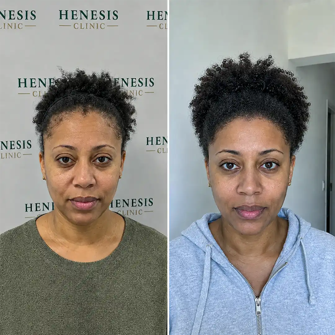 Female Afro hair transplant before and after — 2,600 grafts, DHI, 12-month follow-up, case HNS-0030